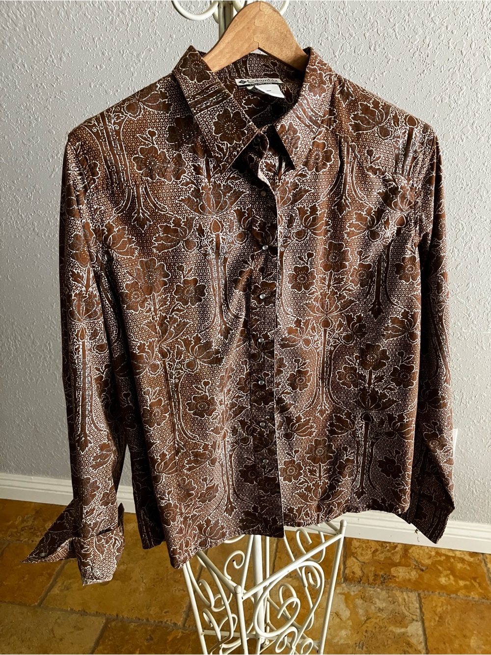 Vintage Columbia Brown Paisley Western Button-Up Shirt Mother of Pearl